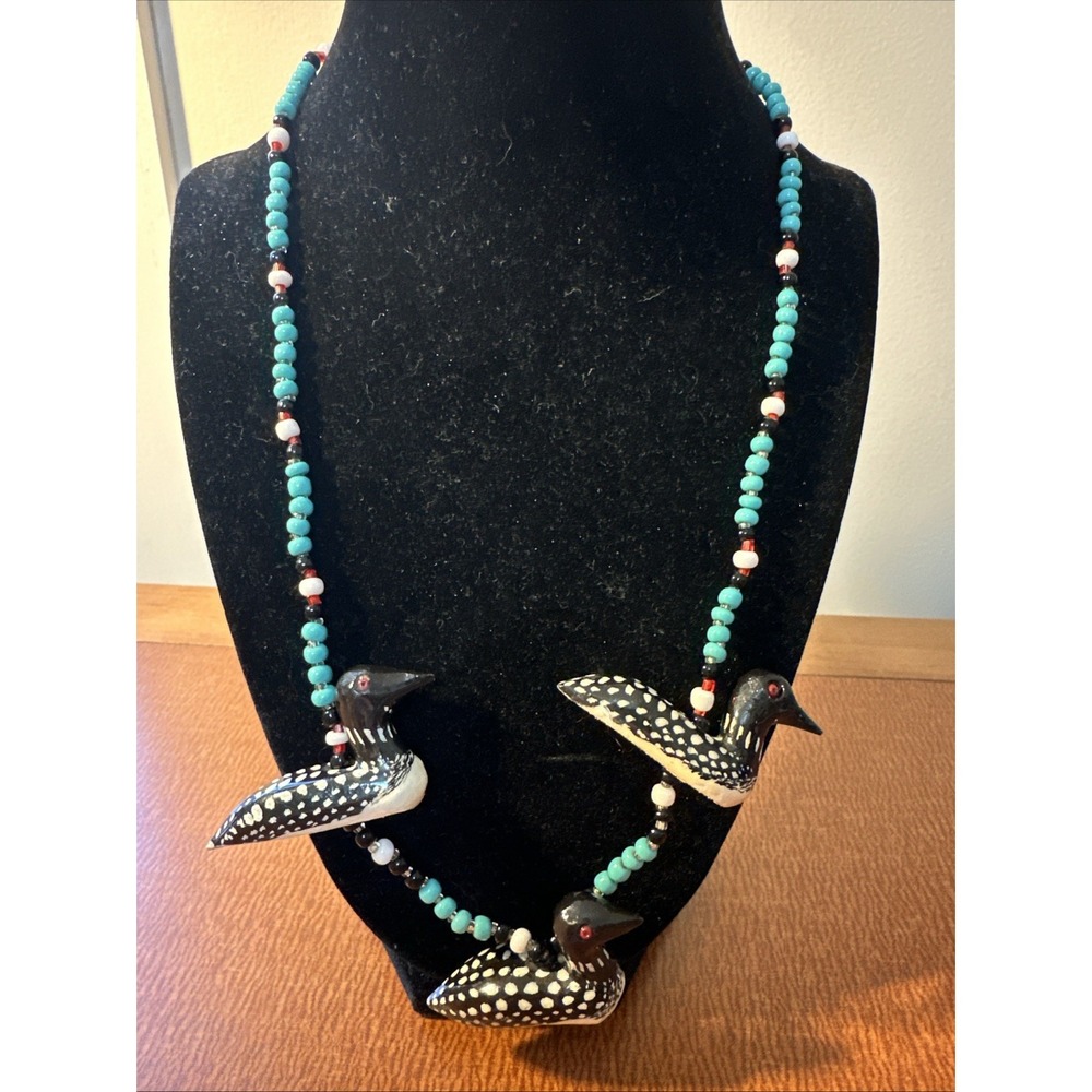 Handmade Loon & Turquoise Beaded Necklace 22" Long Lightweight